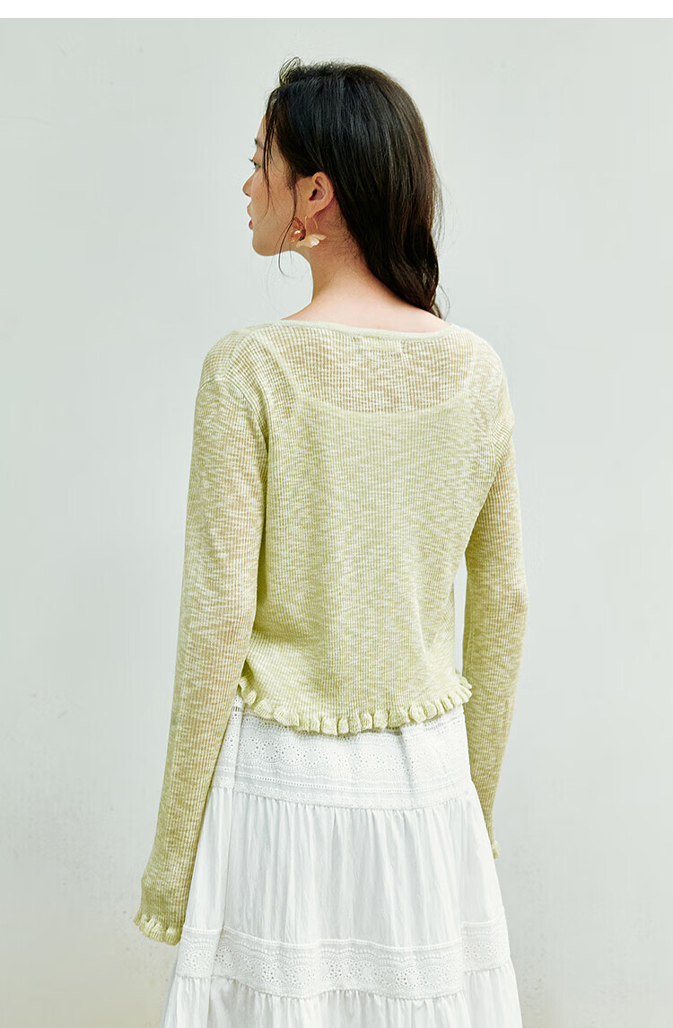 Inman Lotus Leaf V-Neck Lightweight Knit Cardigan Slim Fit Long Sleeve Top Vacation Style 39